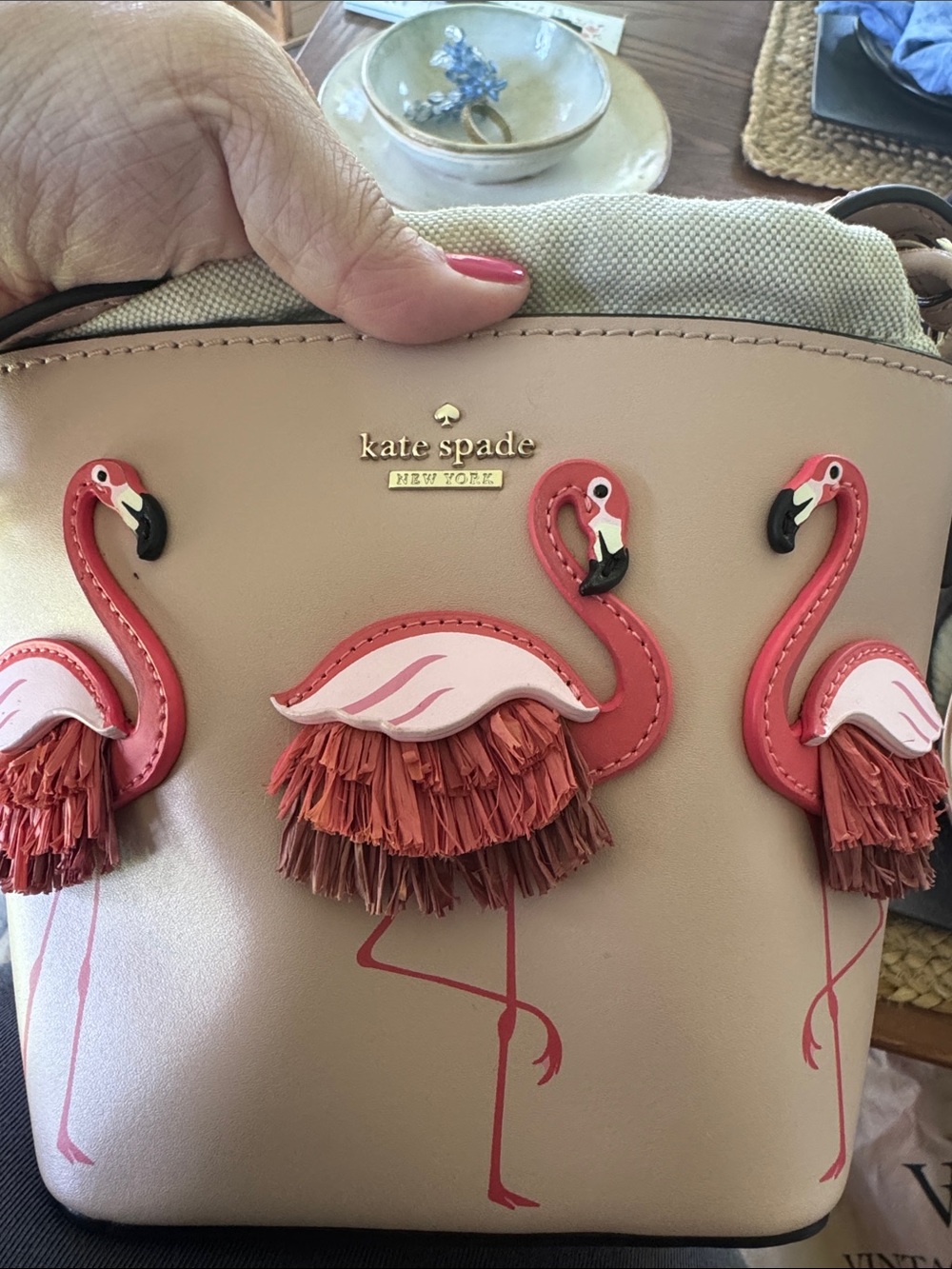 kate spade Beige Crossbody Bag with Pink Flamingo Appliqués - Picture 2 of 3